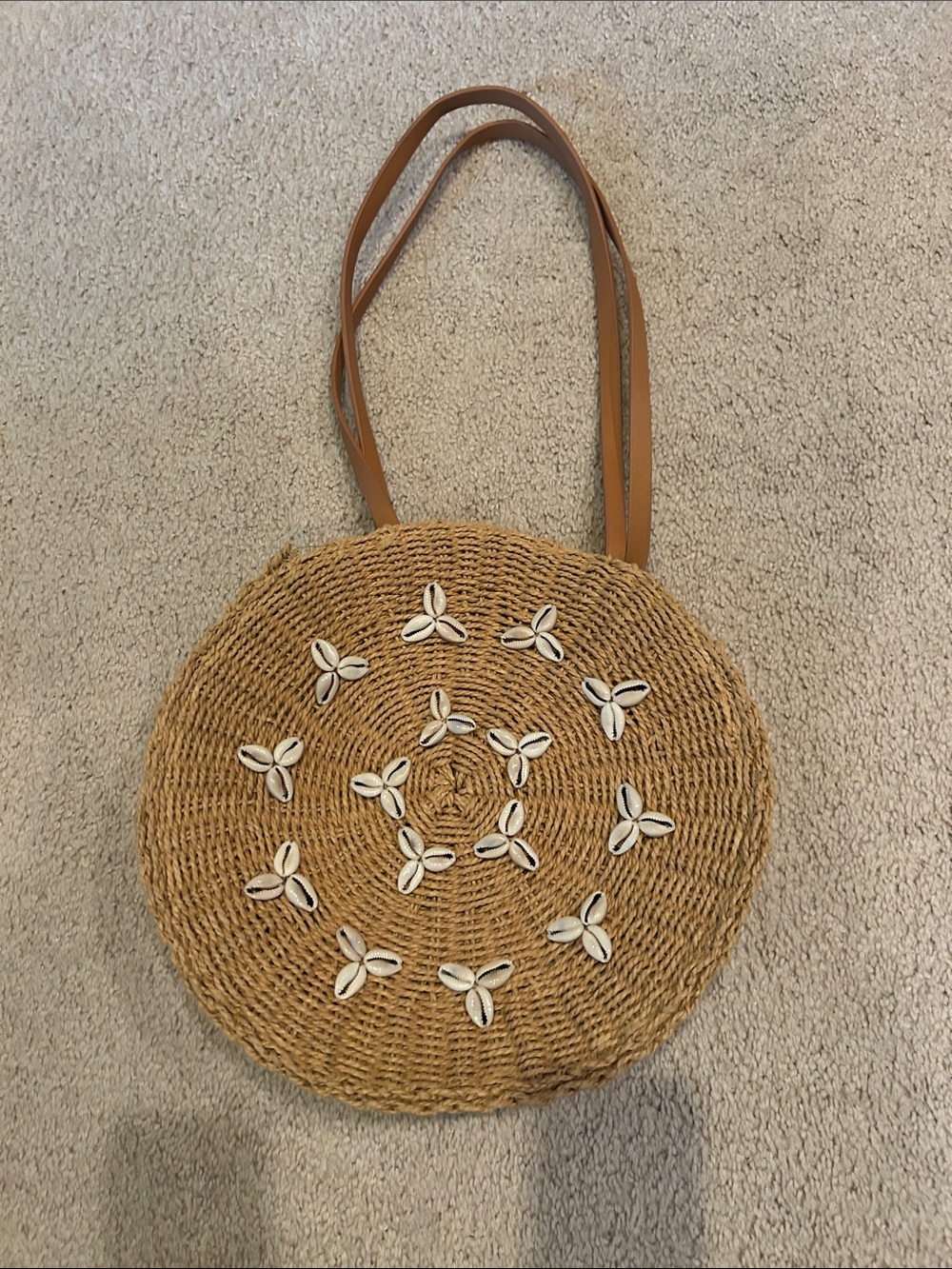Woven Round Straw Shoulder Bag with Shell Accents - Tan